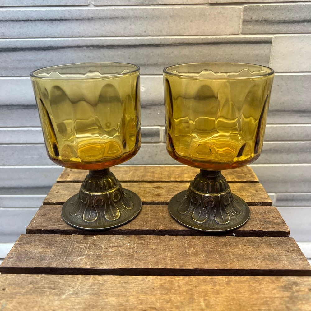 Set of Two Vintage Amber Glass Candle Holders with Ornate Bronze Metal Base